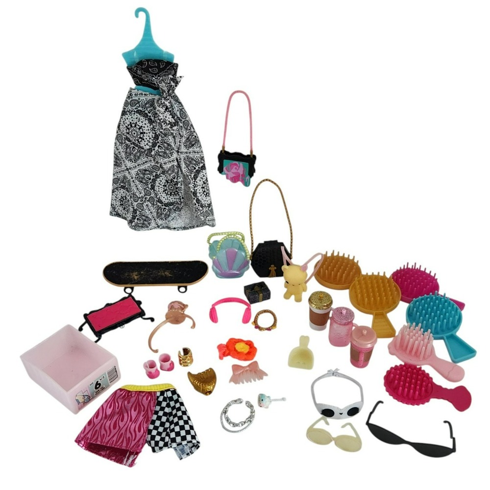 Mixed Fashion Doll Accessories Lot Paisley Dress Skateboard‎ Purses Brushes